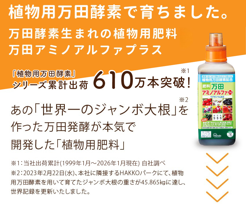 万田酵素で育ちました。万田酵素生まれの植物性肥料万田アミノアルファプラス 「植物用万田酵素」シリーズ累計出荷610万本突破！あの「世界一のジャンボ大根」を作った万田発酵が本気で開発した「植物用肥料」