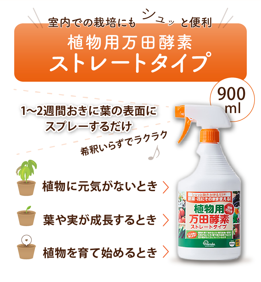 室内での栽培にもシュッと便利 植物用万田酵素ストレートタイプ １〜２週間おきに葉の表面にスプレーするだけ 希釈いらずでラクラク 植物に元気がないとき 葉や実が成長するとき 植物を育て始めるとき
