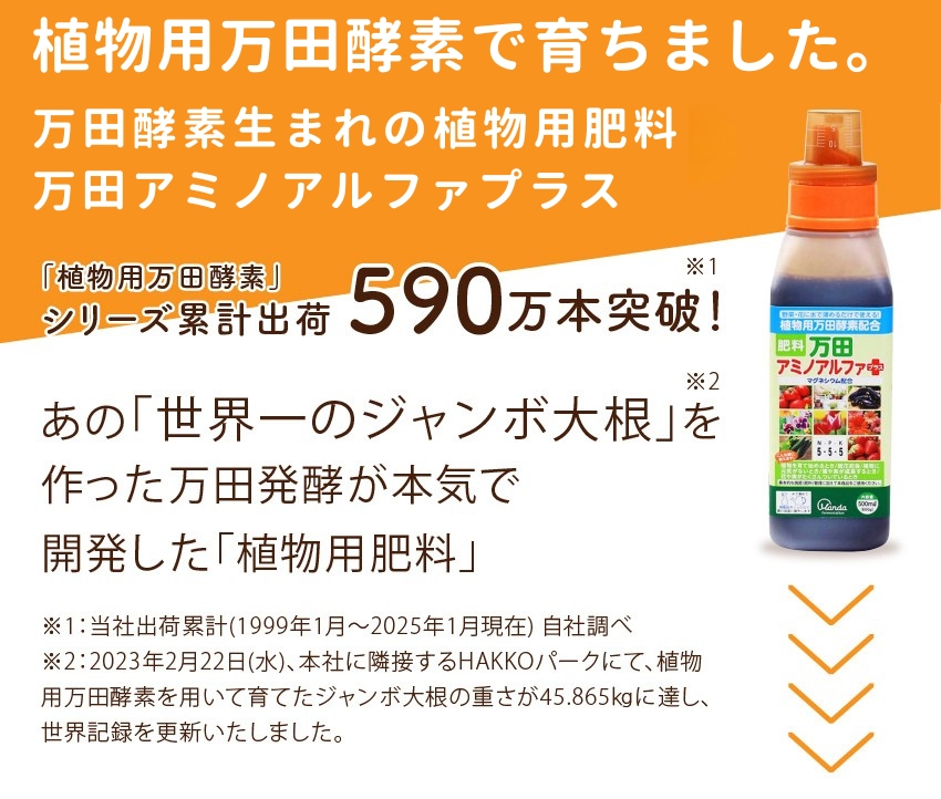万田酵素で育ちました。万田酵素生まれの植物性肥料万田アミノアルファプラス 「植物用万田酵素」シリーズ累計出荷590万本突破！あの「世界一のジャンボ大根」を作った万田発酵が本気で開発した「植物用肥料」